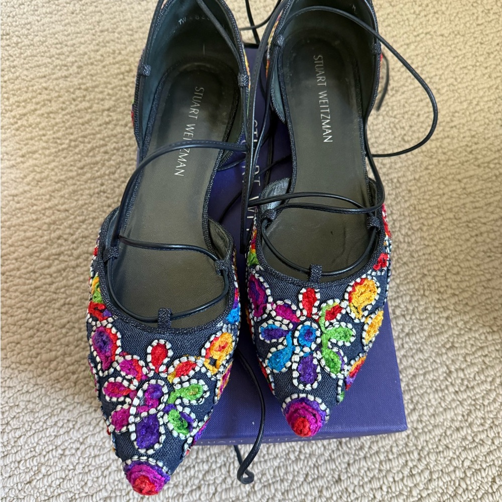 Stuart Weitzman Black Flats with Vibrant Embroidery